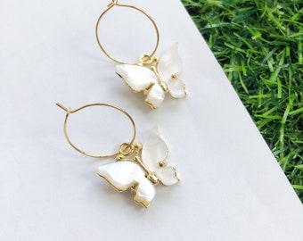 White Butterfly Earrings - Charm Hoops, Pearl Butterflies, Gold Finish, Lightweight Jewellery