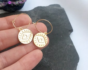 Evil Eye Hoop Earrings - Matte Silver or Gold Finish - simple hoops, coin style talismen
