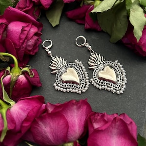 Statement Sacred Heart Earrings - Silver Plated Leverback Huggies Hoops, Tiny Artificial Pearls - Large Ex Voto Medieval Style Jewellery