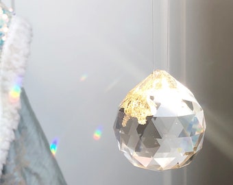 Gold + Glass Suncatcher - Contemporary Decor, Bedroom Window Ornament - Housewarming, Crystal Anniversary, Sparkling Rainbow 5cm Sphere