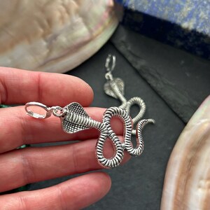 May include: Silver cobra earrings with detailed scale patterns and a hoop fastening. The earrings depict a coiled snake design, with the cobra's head raised. The jewellery is shown against a dark backdrop, accentuating the metallic shine.
