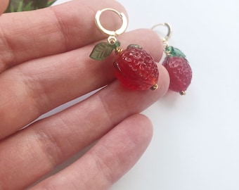 Red Strawberry Hoop Earrings - Gold Plated and Glass Strawberries  - cheerful Fruit Charm Jewellery made in Brighton UK