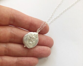 Flat Pearl Silver Necklace- Freshwater Pearl Charm Pendant, Sterling Silver - Handmade in Brighton UK