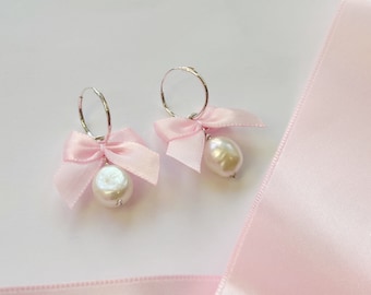 Sterling Silver Pearl and Ribbon Earrings - Pretty Coquette Jewellery - Pink Bow Charm Hoop Earring - Lightweight, Handmade in Brighton U.K