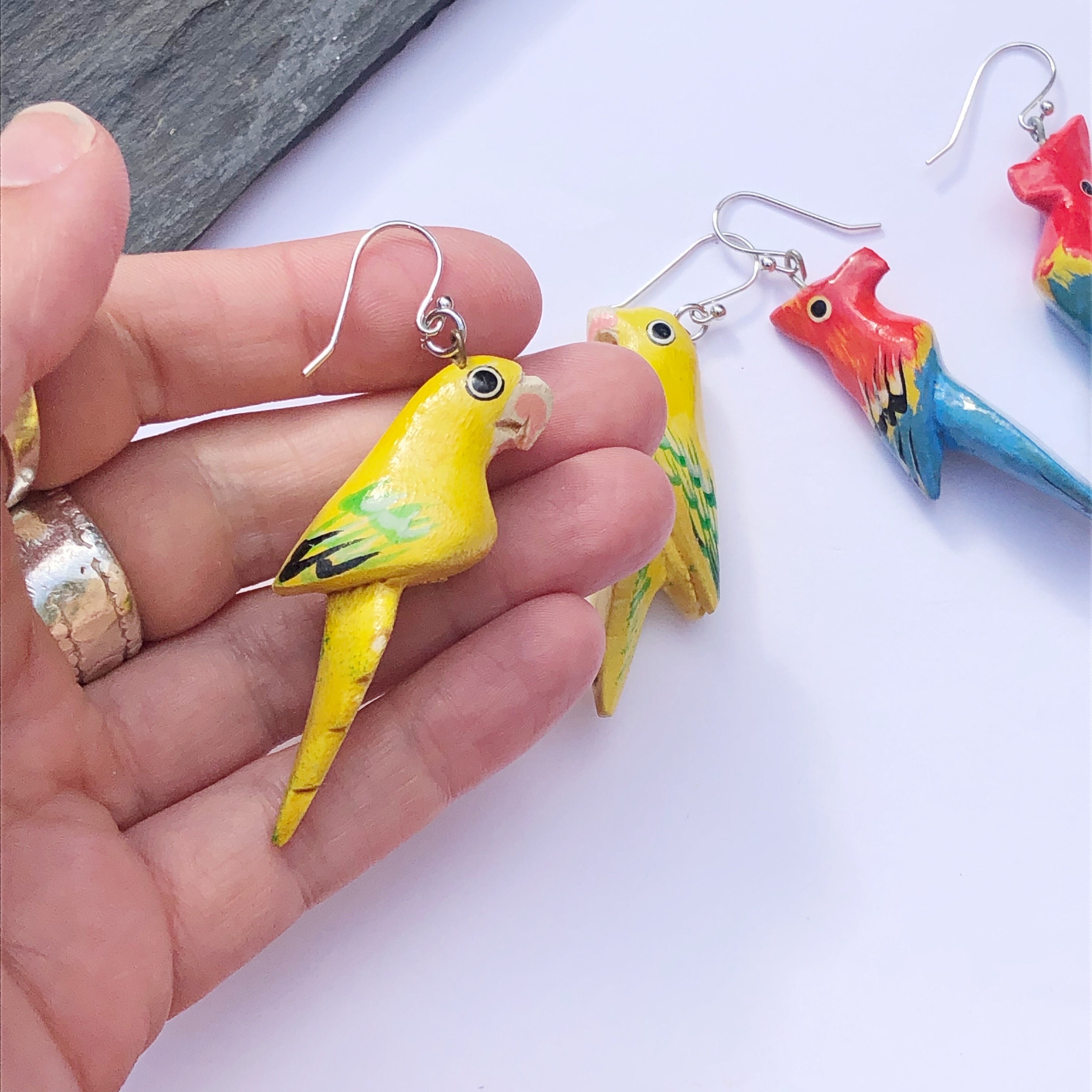Parrot Earrings Hand Painted Wooden Birds, Silver Tone Finish