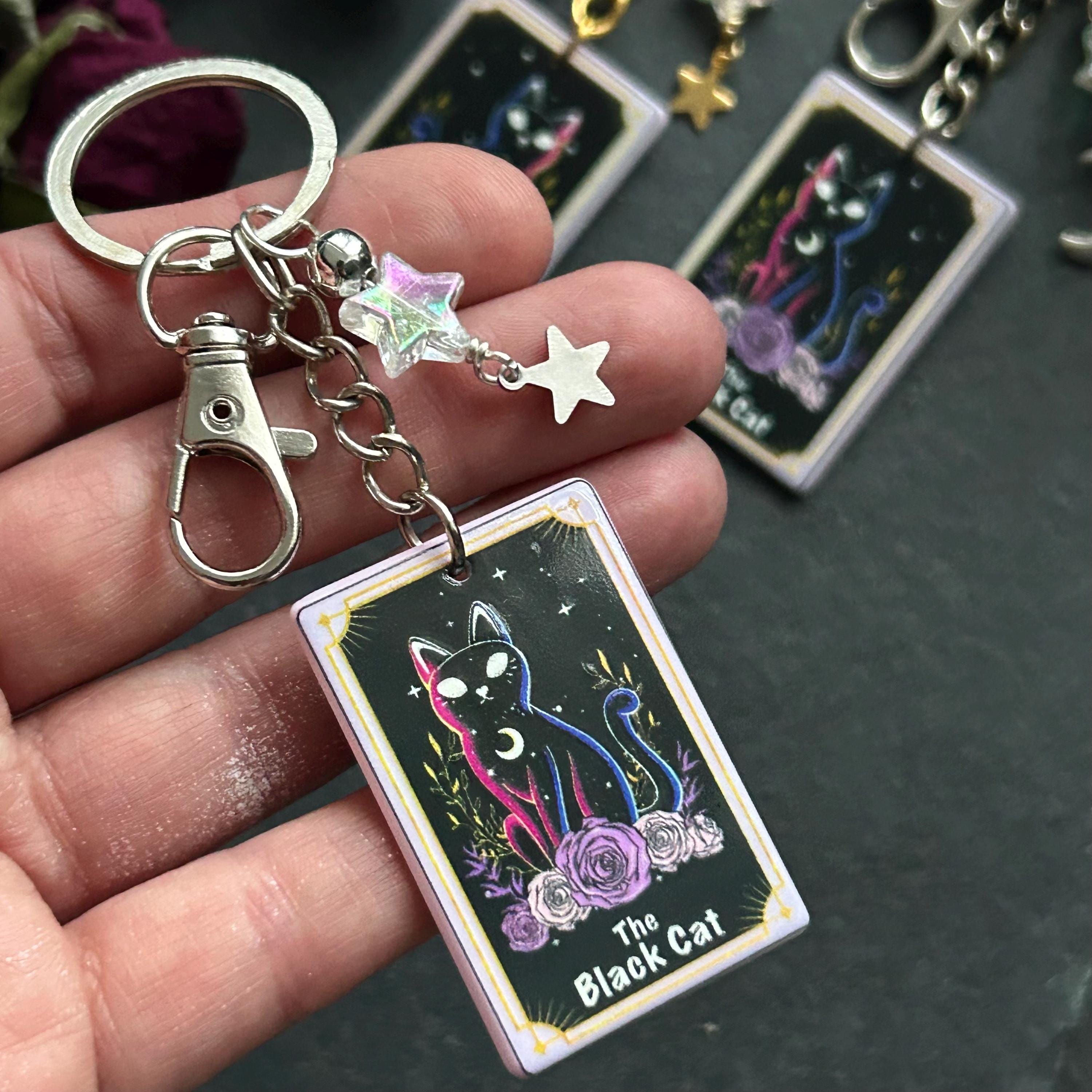 Cat Theme Tarot Style Bag Charm / Keyring - Golden or Silver Tone Clasp ...