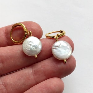 Flat Pearl Full Moon Hoop Earrings - Freshwater Pearls, Gold Plated - Handmade in Brighton UK