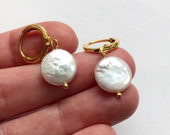 Flat Pearl Full Moon Hoop Earrings - Freshwater Pearls, Gold Plated - Handmade in Brighton UK