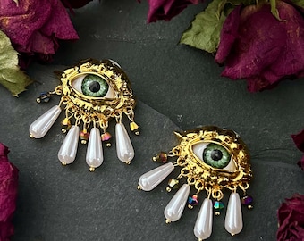 Statement Eye Earrings - Clip On or Stud Ear Post, Gold Tone Brass - Faux Pearls, Peacock Glass Charms - Contemporary Weird Jewellery