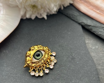 Statement Eye Brooch - Gold Tone Brass, Sparkling Rhinestone Jewel Charms - Colourful Eclectic Weird Gothic Decorative Pin
