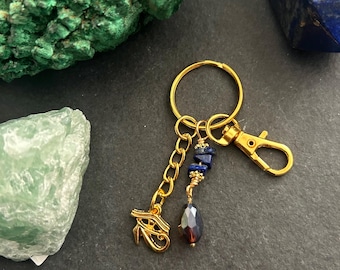 Eye of Horus Bag Charm / Keyring - Lapis Lazuli Stone, Sparkling Glass, Gold Tone Brass Keyclip - Eclectic Egyptian Theme Purse Keychain
