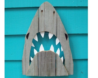 Wooden Shark Decor, made of recycled fence wood. JAWS, Great White, outdoor art