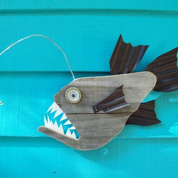 Anglerfish, upcycled, made of recycled wood, angler fish