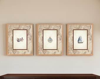 Vintage Adventure Nursery Wall Art Set – Boy’s Room Printable Decor | Airplane, Compass & Ship | Digital Download | Themed Nursery Prints