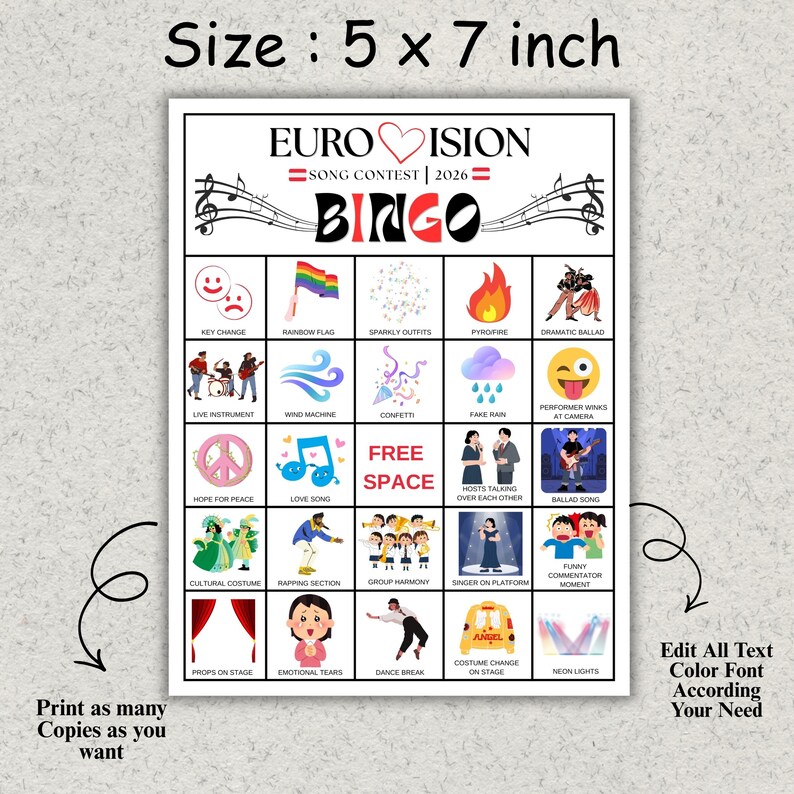 Fun interactive bingo sheet for music show viewing night