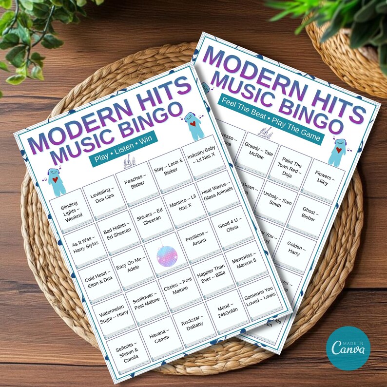 Customizable bingo cards for music themed party game