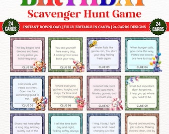 Editable Birthday Scavenger Hunt Game, Clue Cards (Instant Download)