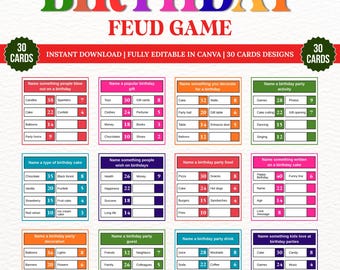 Birthday Feud Game, 30 Party Game Cards, Editable Canva Template (Digital Download)