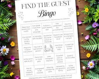 Toile de bingo pour la douche nuptiale modifiable, trouver le modèle de jeu de mariage d'invité, brise-glace EVJF, téléchargement numérique imprimable