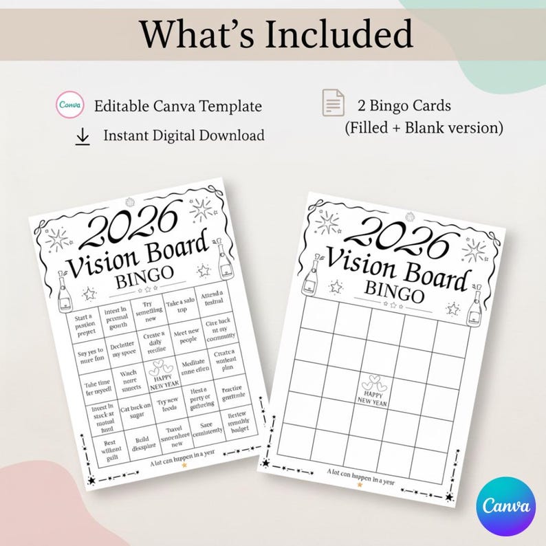2026 Vision Board Bingo Canva Template, Printable New Year Goals Bingo ...