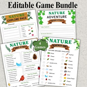 May include: An editable game bundle featuring four nature-themed activity sheets. The pages include a Nature Explore Page, Nature Adventure, Nature Senses Activity, and Nature Scavenger Hunt, all decorated with green leaves, wood-grain banners, and small illustrations of plants, insects, and animals.