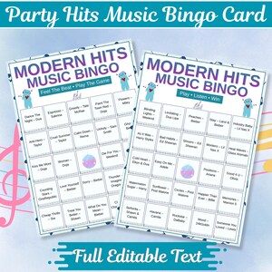 Editable music bingo cards template for modern pop party game