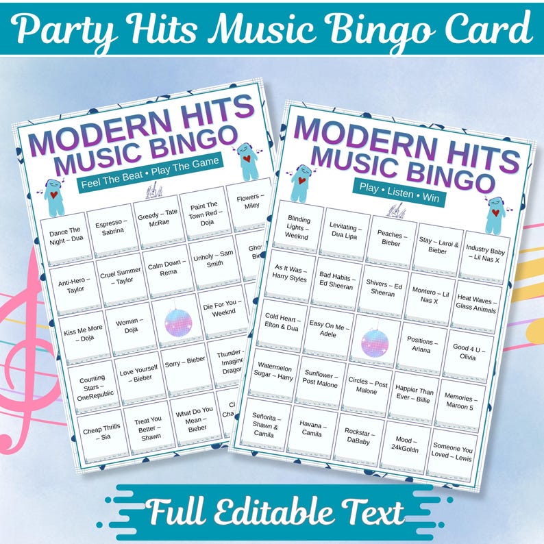 Editable music bingo cards template for modern pop party game