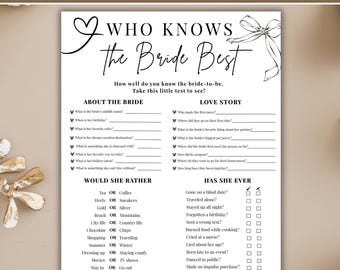 Who Knows The Bride Best Game Printable, Bridal Shower Trivia Template, Minimalist Wedding Game, Bachelorette Party Activity Download