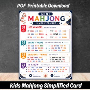 Mini Mahjong Card for Kids, Simplified Mahjong Hands Printable, Beginner Mah Jongg Family Game Night PDF