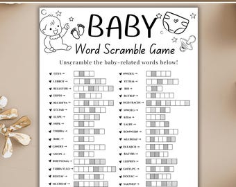 Baby Shower Word Scramble Game Printable, Baby Shower Activity Sheet, Fun Baby Words Puzzle, Minimal Party Game, Instant Download
