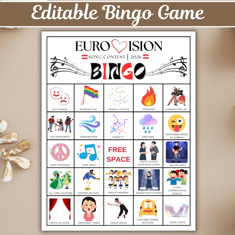 Eurovision bingo game printable for music watch party fun