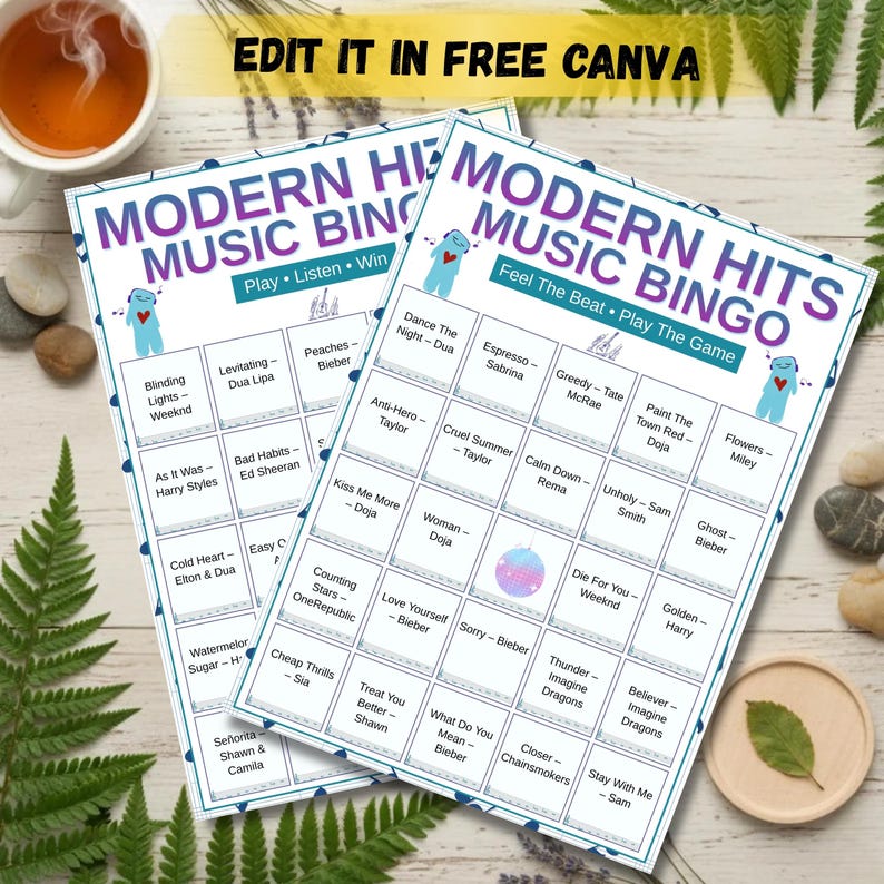 Editable pop music bingo cards for instant party entertainment
