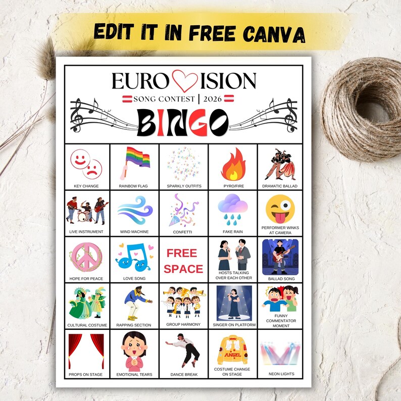 Bingo card with fun icons and challenges for group play