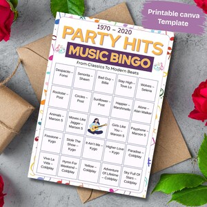 Interactive music bingo printable for office party or group game night