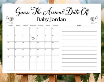 Modèle de toile de jeu éditable pour baby shower, calendrier vert sauge, signe d'arrivée prévue, activité de fête sans distinction de sexe, téléchargement imprimable