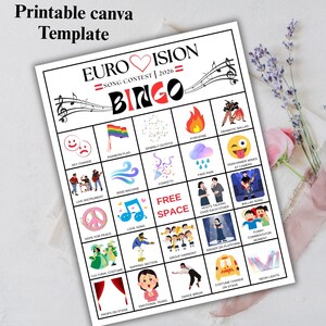 Party bingo card with music contest themed prompts and icons