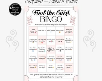 Wedding Find The Guest Bingo, Bridal Shower Game (Printable)