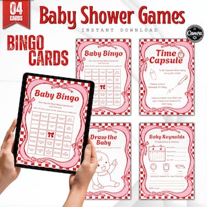 Può includere: Un set di quattro biglietti per giochi per baby shower rosa e bianchi. I giochi includono Baby Bingo, Time Capsule, Draw the Baby e Baby Reynolds. Le parole "Baby Shower Games" e "Bingo Cards" sono visualizzate in testo rosso.