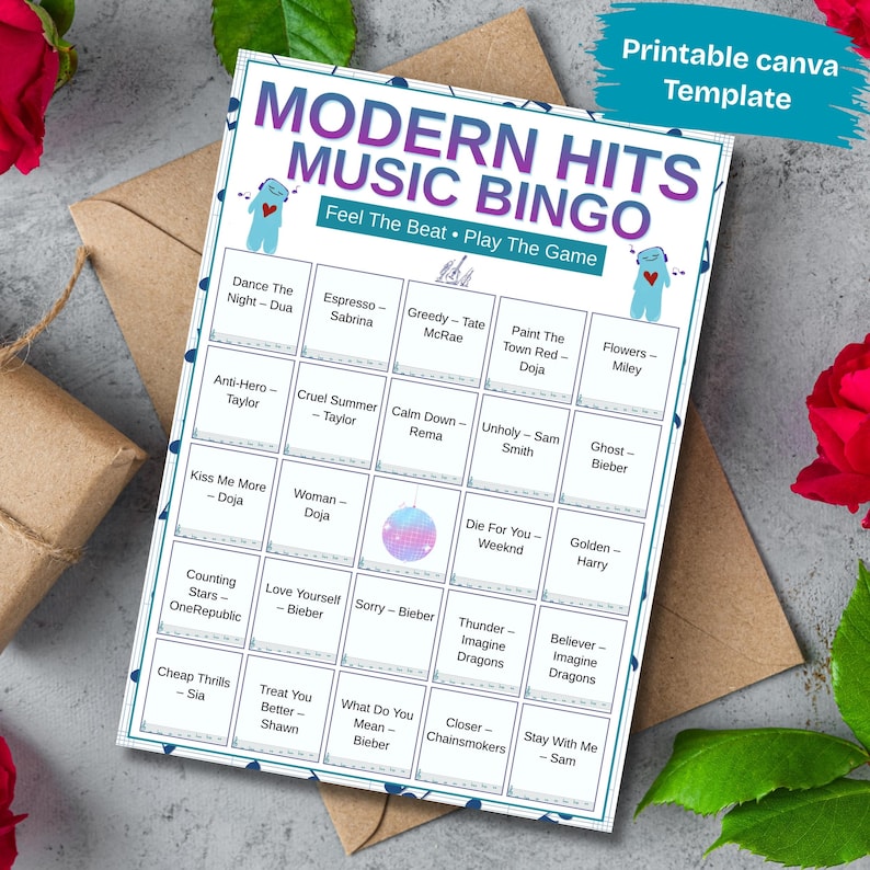 Party activity music bingo printable for adults and friends