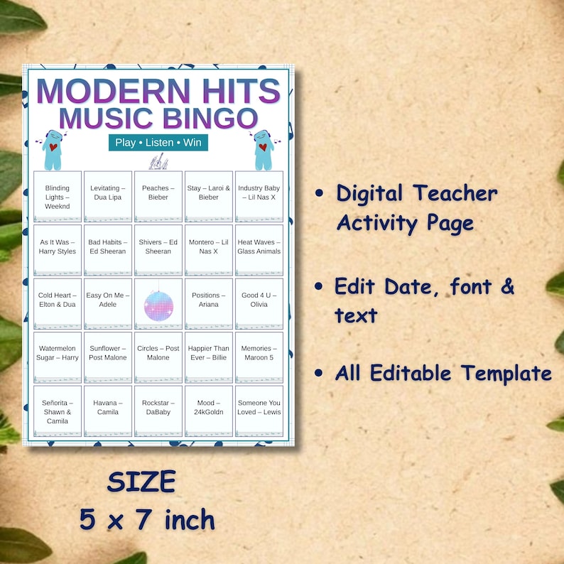 Printable pop song bingo game for birthday or group event