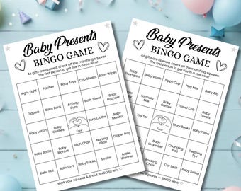 Jeu de bingo-cadeau pour baby shower, activité de fête moderne, cartes préremplies (téléchargement PDF)