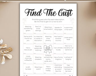 Juego de bingo "Encuentra a alguien que...", plantilla de bingo para romper el hielo, juego "Encuentra al invitado", actividad para conocerse mejor, juego para fiestas de trabajo en equipo.