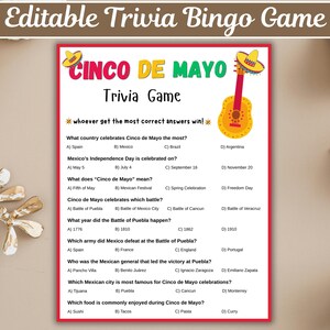 Puede incluir: Un juego de preguntas y respuestas sobre el Cinco de Mayo con un diseño festivo. El juego presenta preguntas sobre la festividad, con respuestas en formato de opción múltiple. El título "Cinco de Mayo" está en letras grandes y coloridas, con una guitarra y un sombrero.
