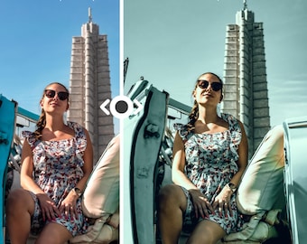 May include: A split image showing a woman in a floral dress and sunglasses, seated in a vintage car. The left side reads "BEFORE" and the right side reads "AFTER". A tall building is in the background.