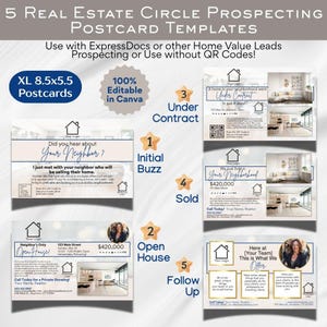 5 modelli di cartoline di Real Estate Circle per la ricerca di potenziali clienti / Opzioni codice QR / Compatibile con XpressDocs / Pronti per la campagna sul valore della casa / Design Canva