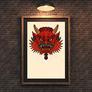 Oni Mask Printable Wall Art – Japanese Demon Tattoo Style, Bold Digital Download, Vintage-Inspired Horror Decor