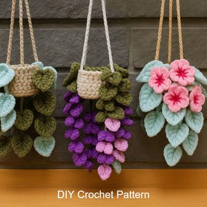 May include: Three hanging crochet plant holders with different floral designs. The first has green and light blue leaves, the second has purple and pink flowers, and the third has pink flowers and light blue leaves. The text "DIY Crochet Pattern" is at the bottom.