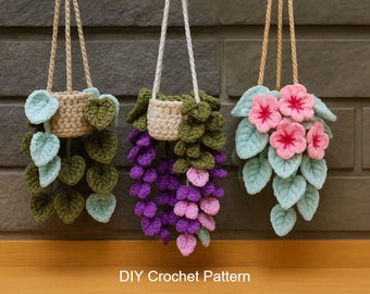 3 in 1 crochet pattern bundle | Wall hanging | Car mirror hanging | Cherry Blossom | Lavender | Hanging Plants | Easy Home Decor