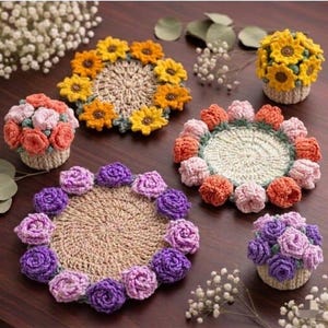 3in1 Flower Coasters Crochet Pattern | Turned in Flower Pot | Sunflower | Roses | Lily of the valley