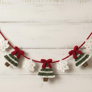 May include: A handmade Christmas garland featuring crocheted green Christmas trees with gold bead accents and red bows, alternating with white snowflakes. The garland is strung on a red cord, perfect for holiday decor.